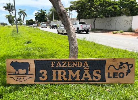 Placa Fazenda 3 Irmãs instalada, entalhada à mão